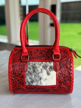 Genuine Leather Cowhide Western Speedy Purse Tooled Floral Red Satchel Bag Small